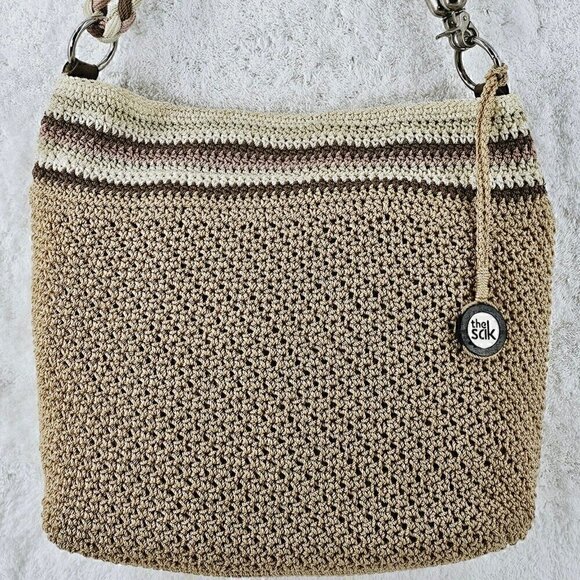The Sak Beige Striped Crochet Shoulder Bag with Braided Shoulder Strap - Picture 1 of 16